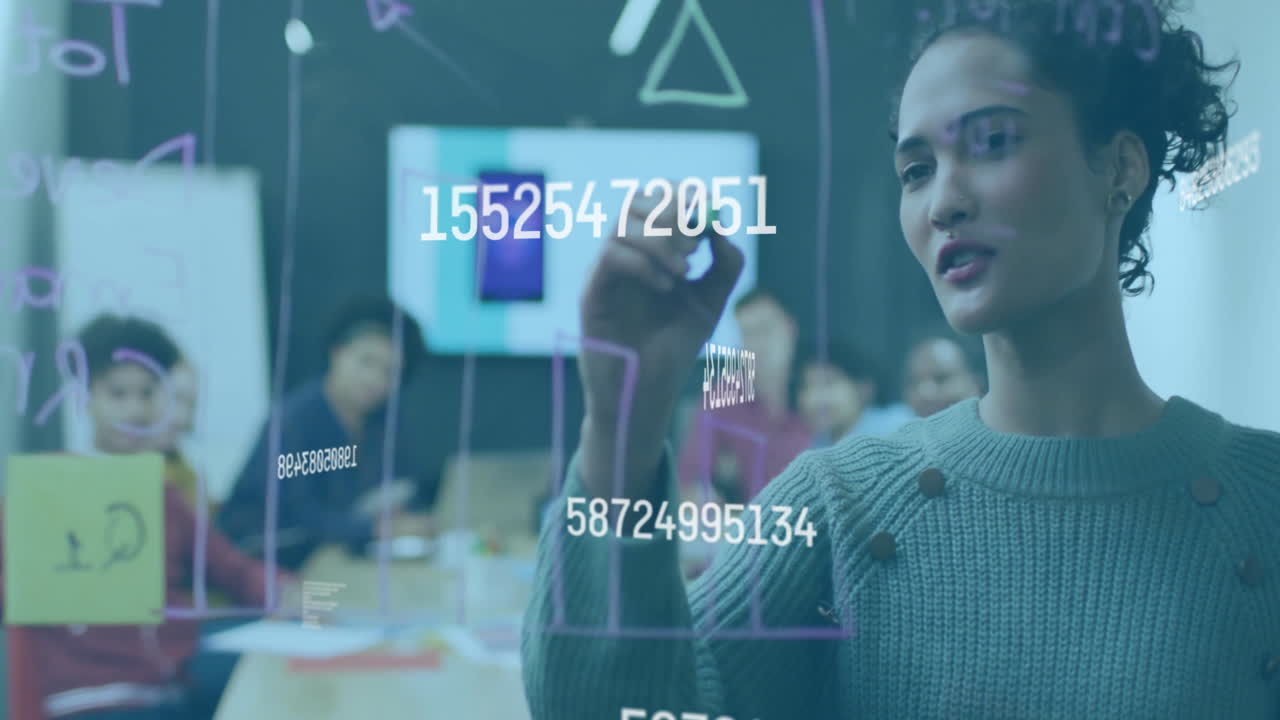 Writing numbers on transparent board, woman teaching students, data processing animation