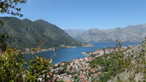 Kotor-Bay-from-above,-Kotor-Town,-sea-and-mountains,-Boka,-Montenegro