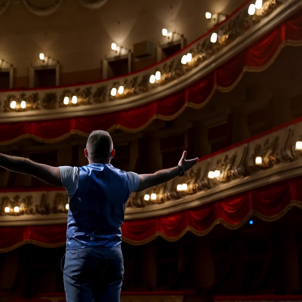 Actor bowing on theatrical stage. Man is standing on the scene of the classical theater and acting his role during the rehearsal before the empty hall. Back view