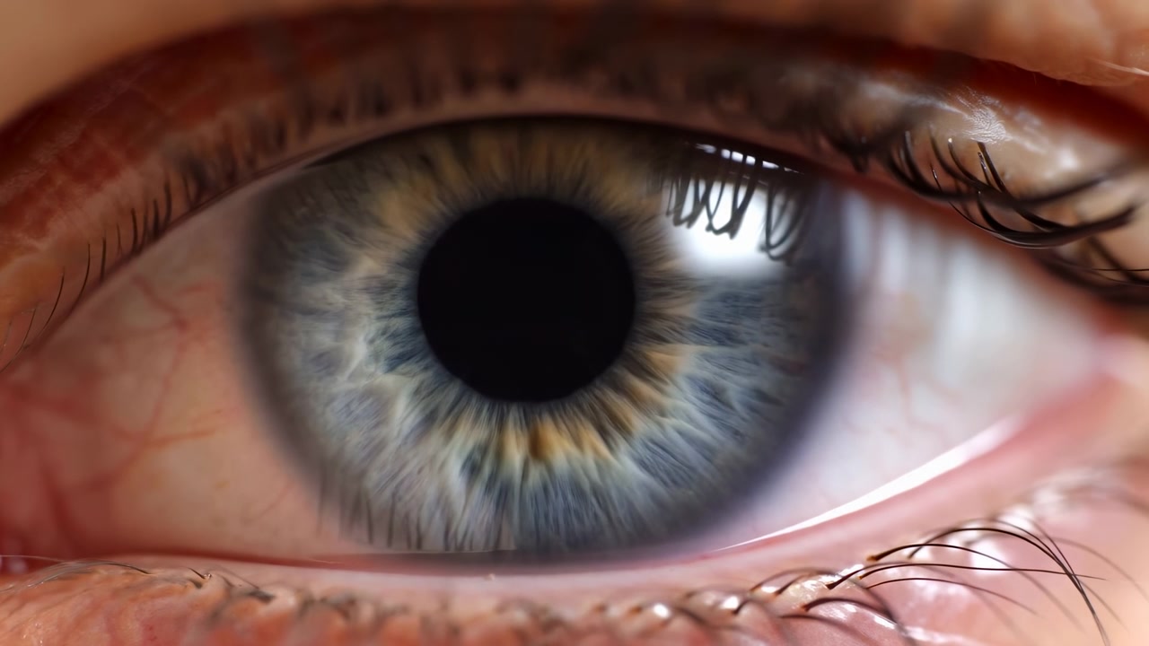 Close-up midsequence study of blue-gray human eye with subtle pupil dilation and partial blink