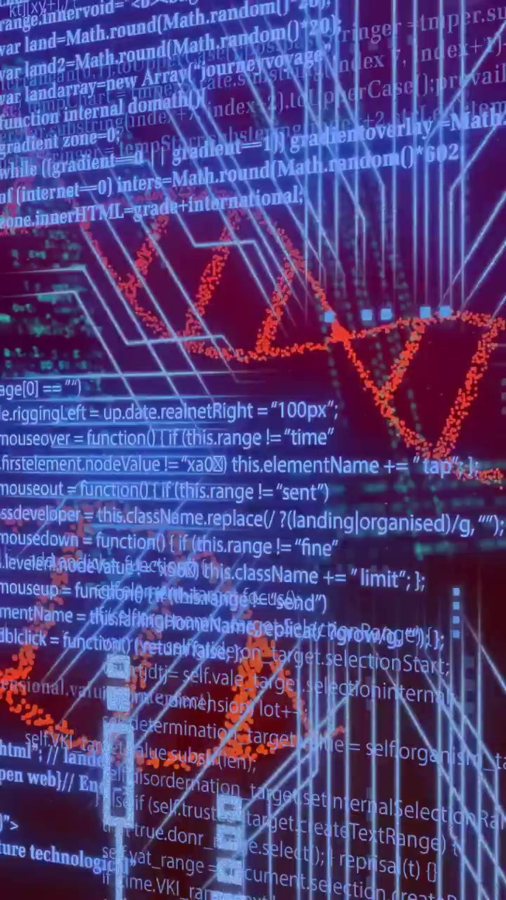 Vertical video: Teal code scrolling, initiating red helix forming and copying, visualizing biotech