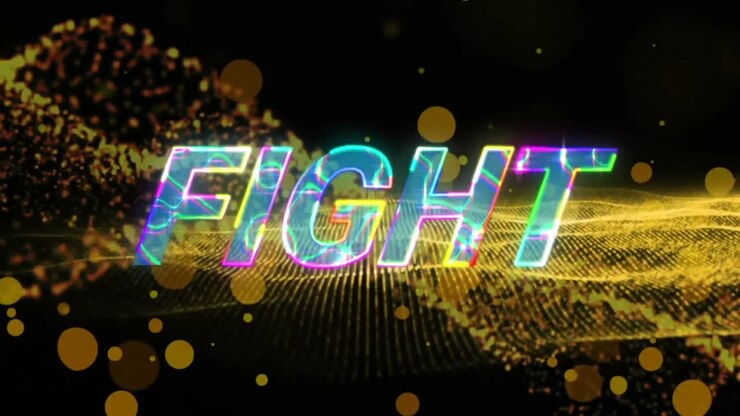 Effetto elettrico su testo 'Fight' su onda digitale gialla e punti luce su sfondo nero.
