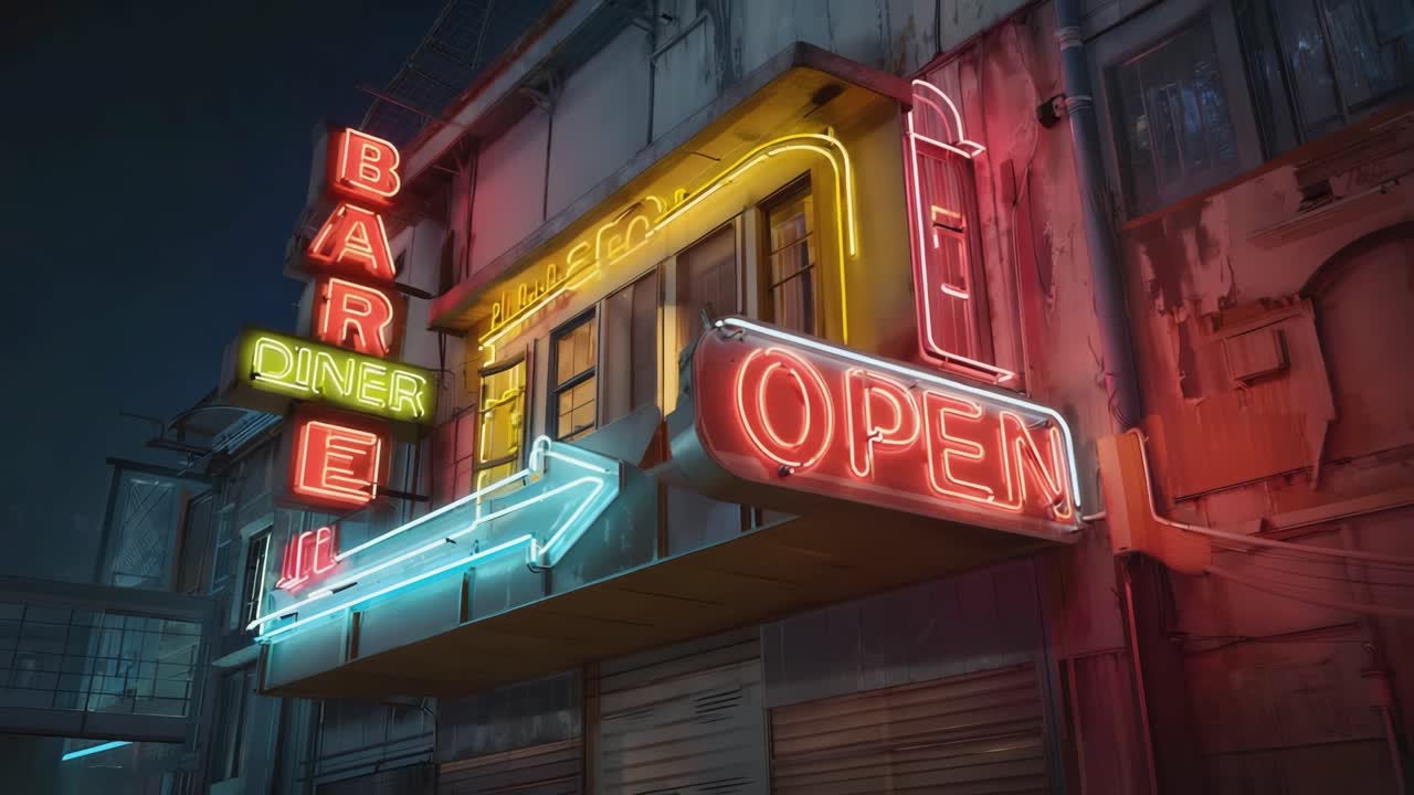 Neon Bar and Diner at Night