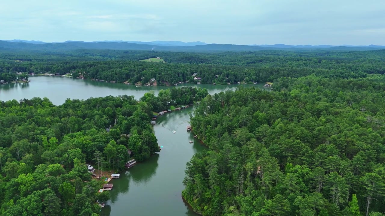Rekaman drone 4K hutan hijau lebat mengelilingi perairan tenang Danau Cherokee di Carolina Selatan, Amerika Serikat
