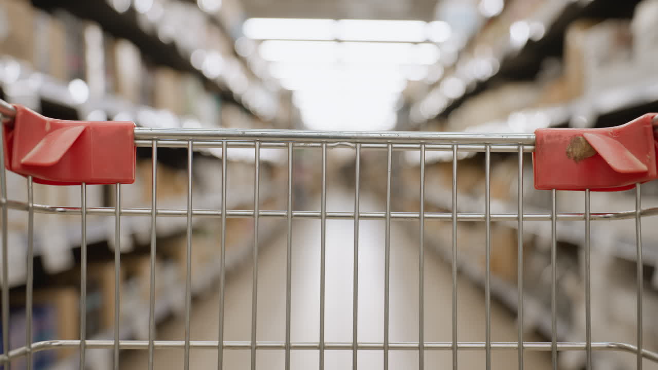 Point of view push of supermarket cart gliding down brightly lit store aisle, foreground grid framing shelves of products in soft blur creating sense of motion anticipation consumer shopping journey
