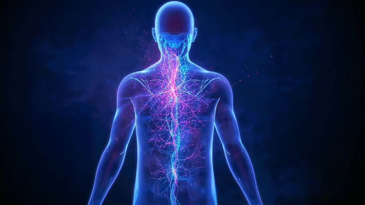 Illumination starting 3D anatomical model rotating 360-degree in dark void, glowing spinal cord