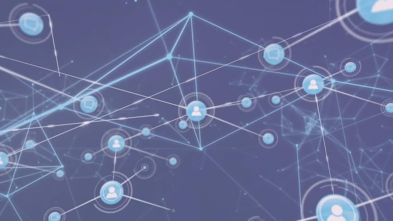 Animation of network of connections with icons on blue background