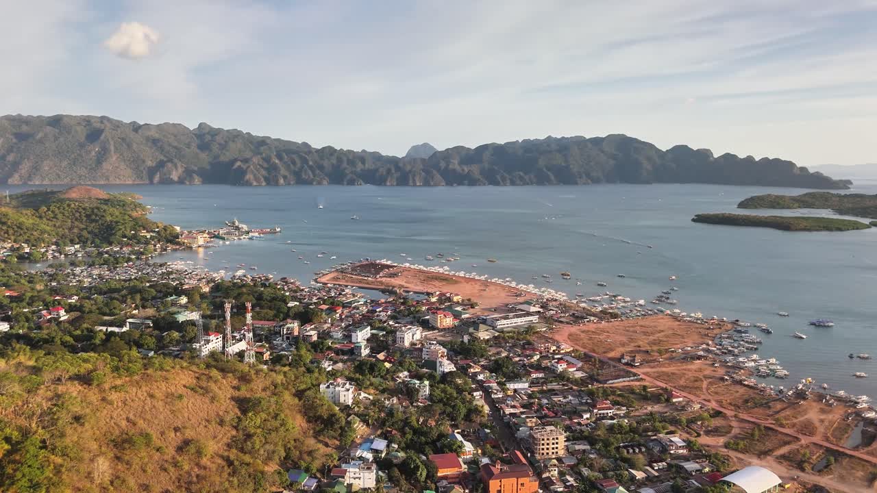 Aerial perspective of Coron Town, its beaches and harbour, Philippines