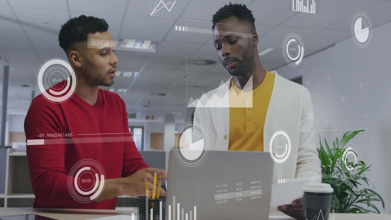 Animation of icons and data processing over diverse business people in office