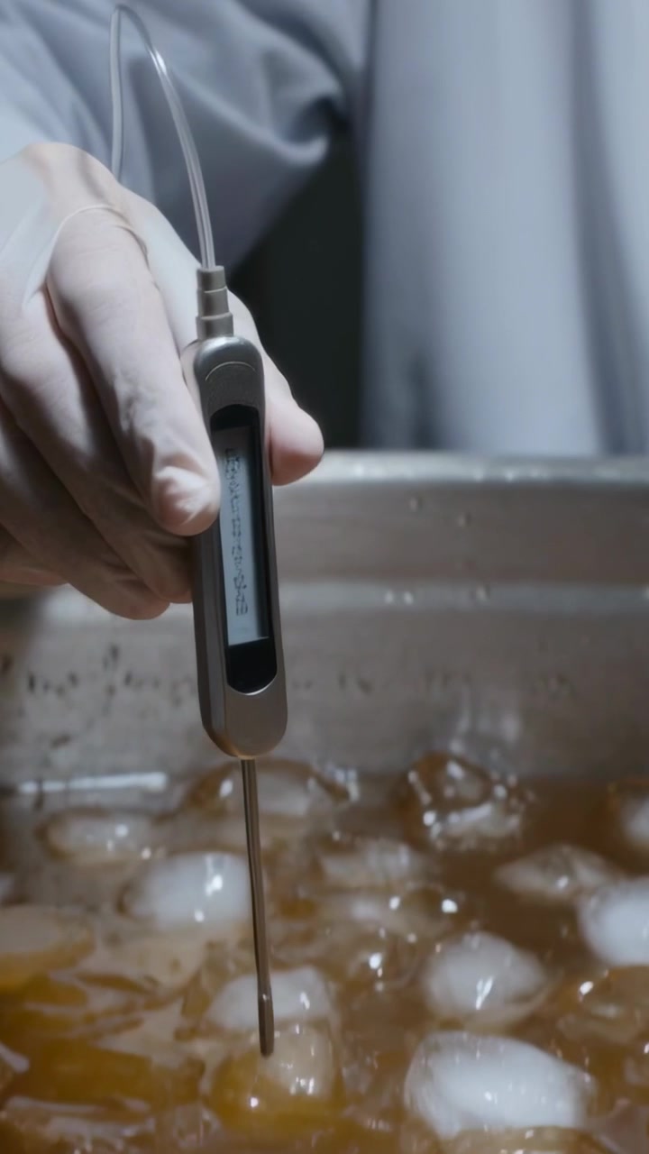 Vertical video: Lowering gloved hand in lab coat in lab holding probe into ice bath, taking temp