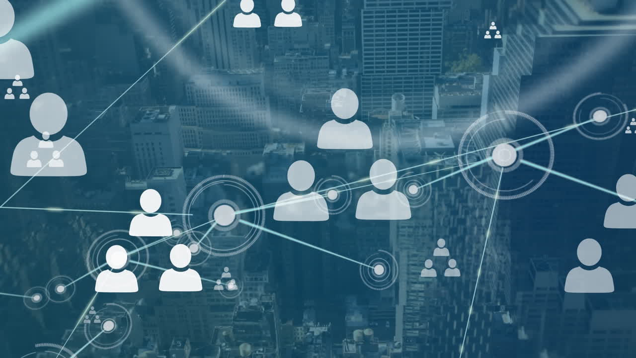 Animazione di una rete di connessioni con icone sul paesaggio cittadino