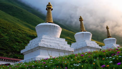 white stupas in a mountainous landscape