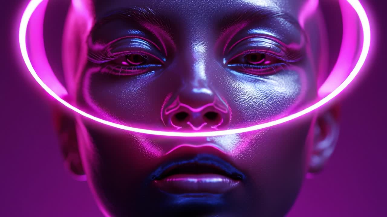 A Visually Striking Representation of a Futuristic and Ethereal Human Figure Illuminated by Vibrant Neon Lights, Enveloping the Face with a Sci-Fi Aura and Evocative Expression Capturing the Essence of Contemporary Digital Art