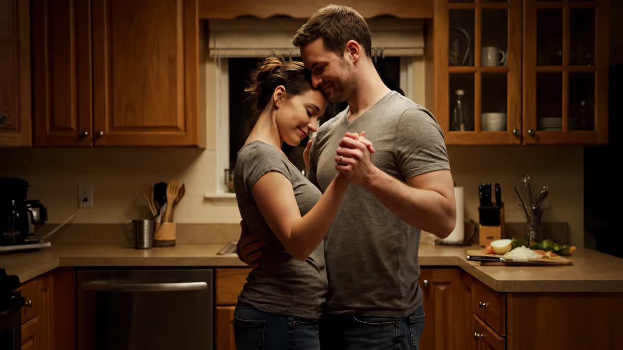 casal a dançar na cozinha