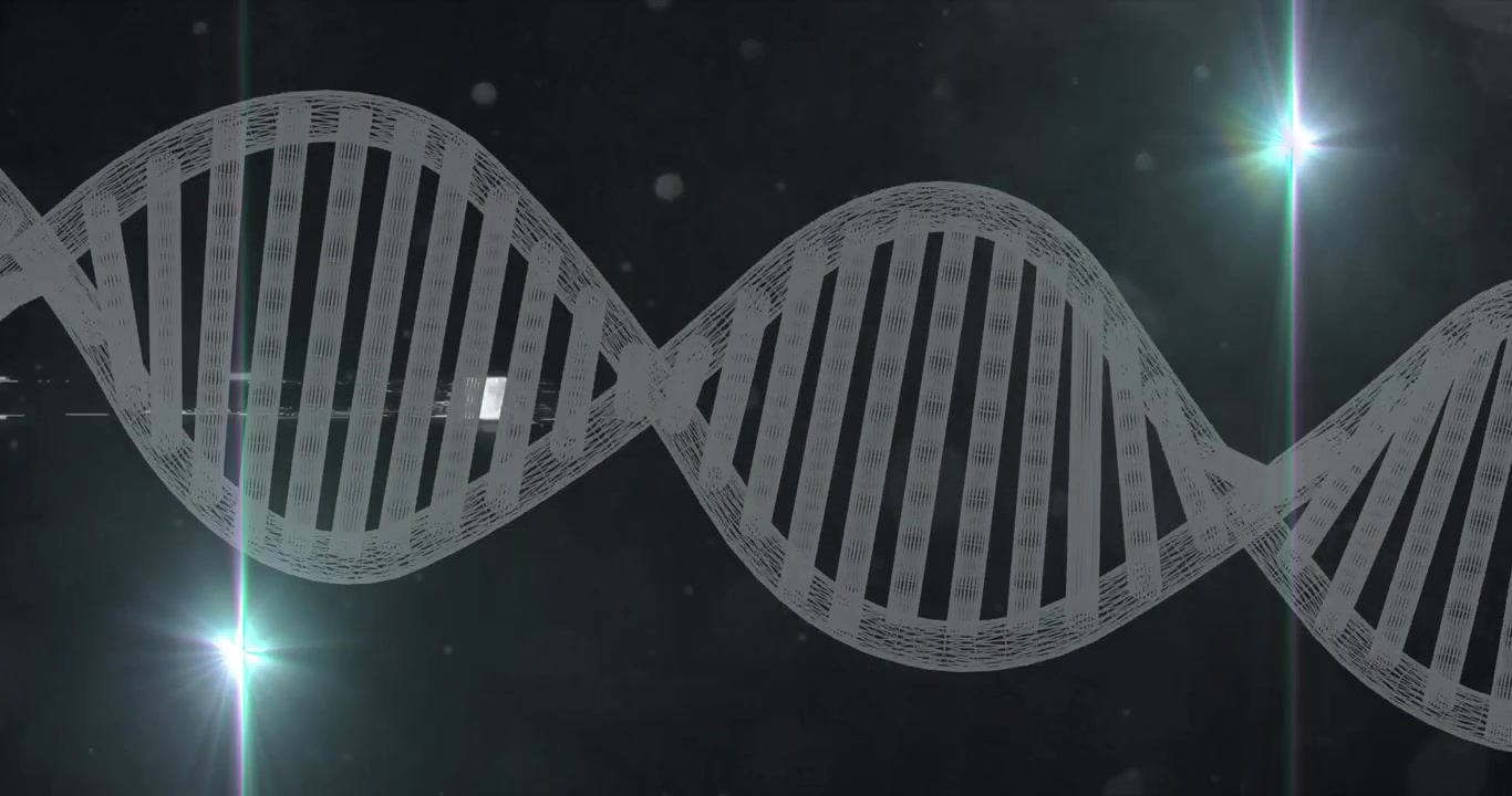 Green flare activating translucent DNA helix rotating clockwise glitching data in tech display