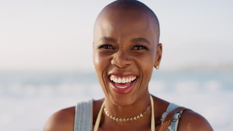 black woman, bald or laughing face by beach