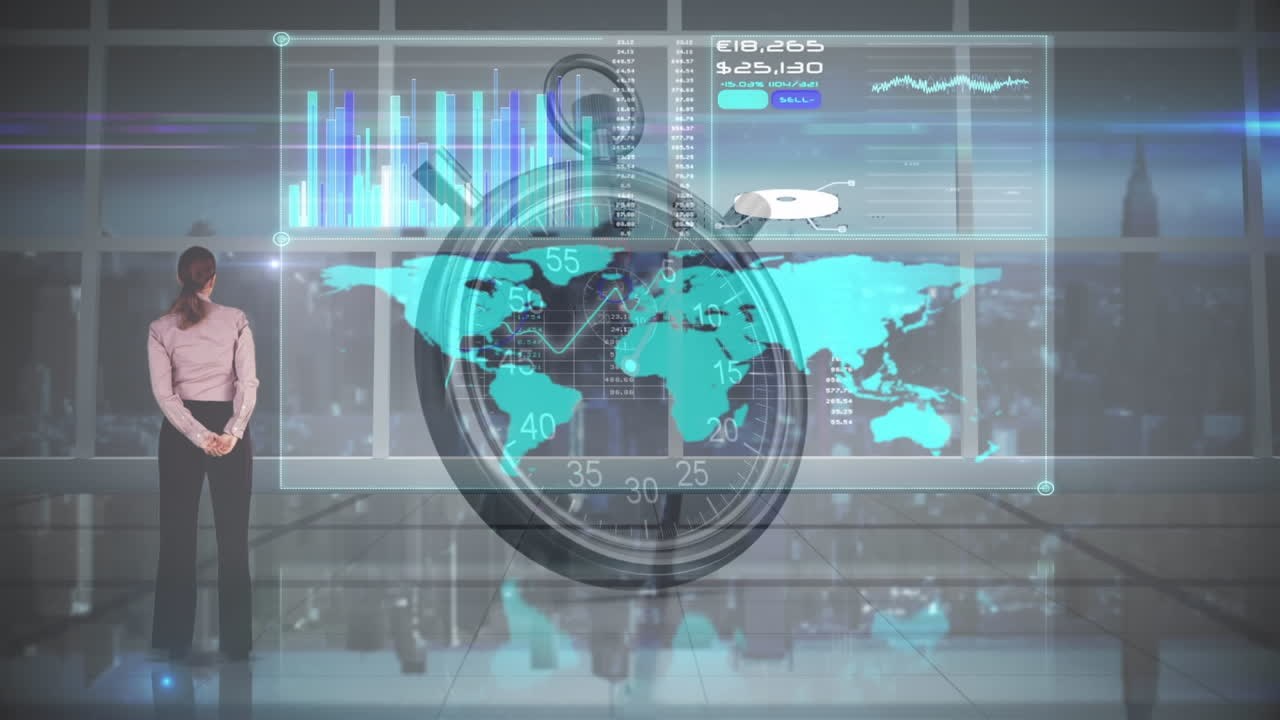 animación de estadísticas con una mujer de negocios y un cronómetro