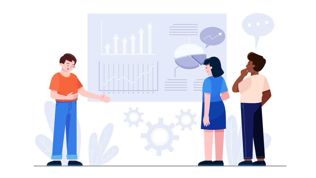 An animation of a Hand drawn people analyzing growth charts