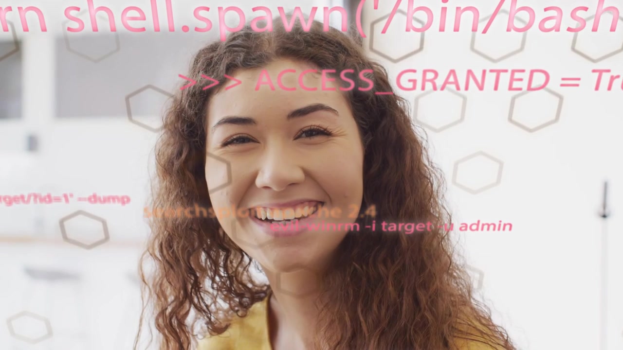 Donna che reagisce all'accesso, aprendo gli occhi e sorridendo in un'ambientazione tecnologica mentre una sovrapposizione esagonale di codice rosa si dissolve.