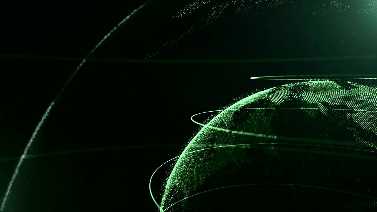 Abstract sphere. Connected green dots with lines. Globalization interface. Dots accumulation. Close up. Planet is cropped and moving on the right corner. 4K.
