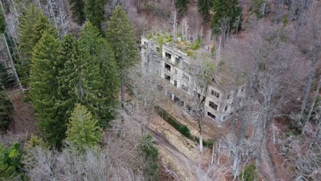 aerial of the abandoned sanatoirum in the mountains of zagreb, croatia