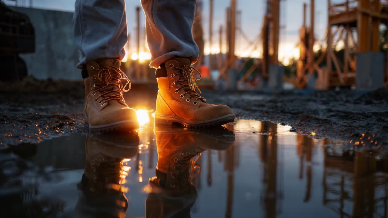 A Pair of Work Boots Standing Firmly in a Puddle at a Construction Site, Reflecting the Golden Glow of Sunset, Highlighting the Importance of Safety Gear and Durable Footwear in an Outdoor Work Environment