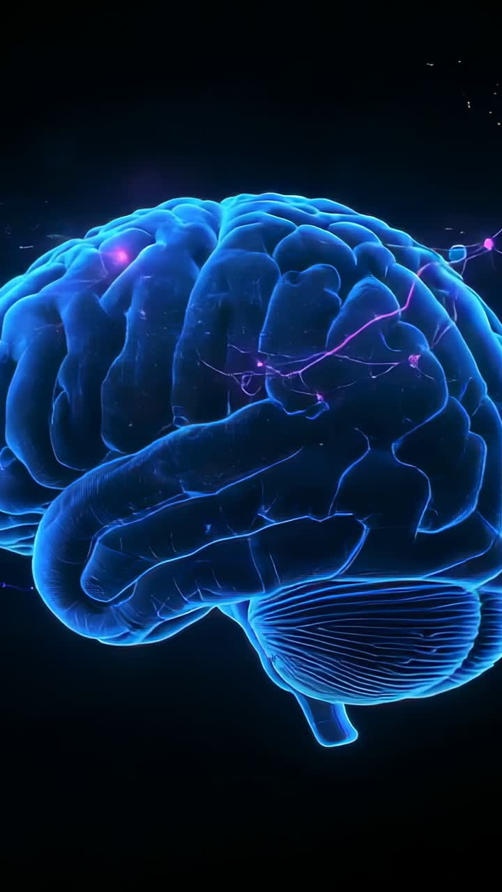 Vertical video: 3D brain rotating in void as neural impulses starting ...