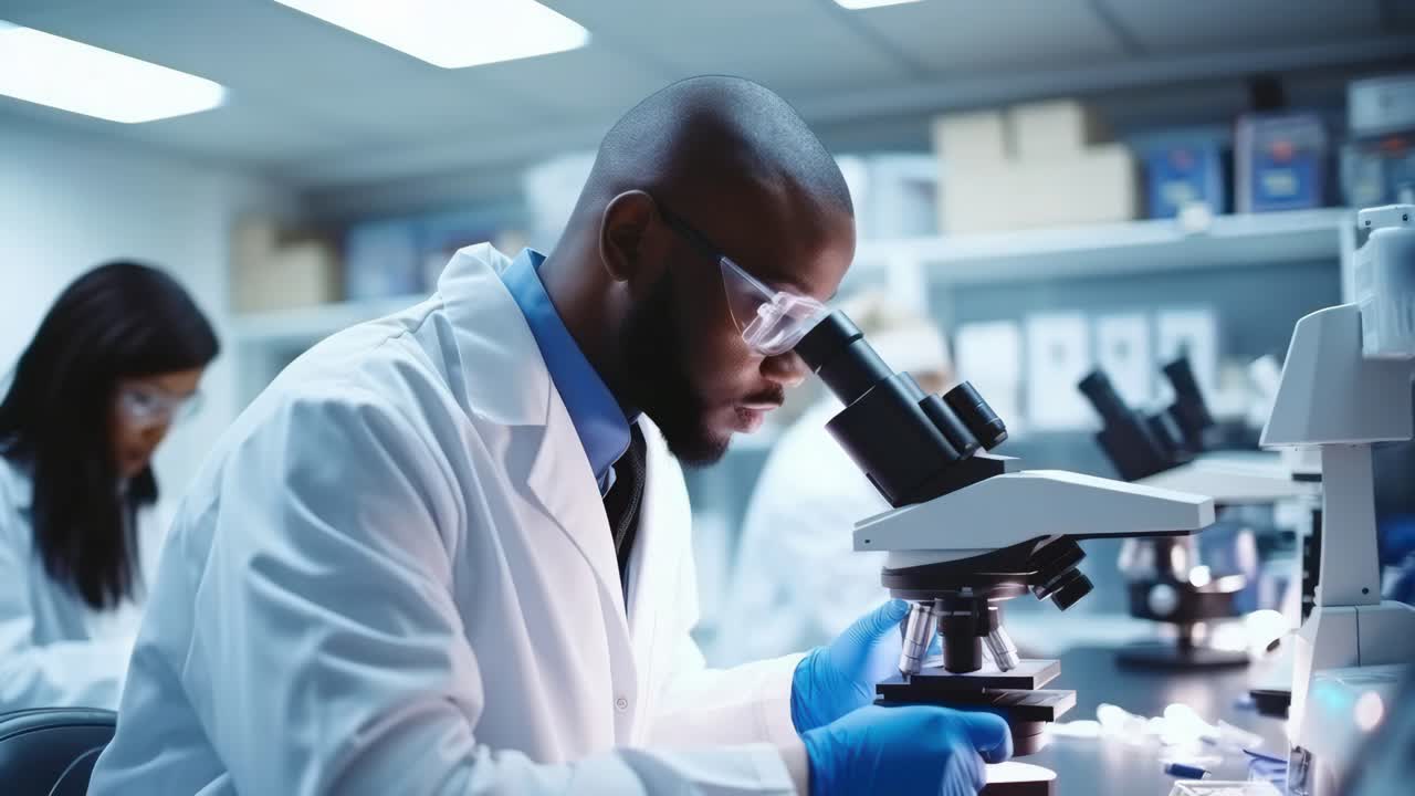 Un angolo video ravvicinato cattura scienziati in un laboratorio, concentrati sui microscopi