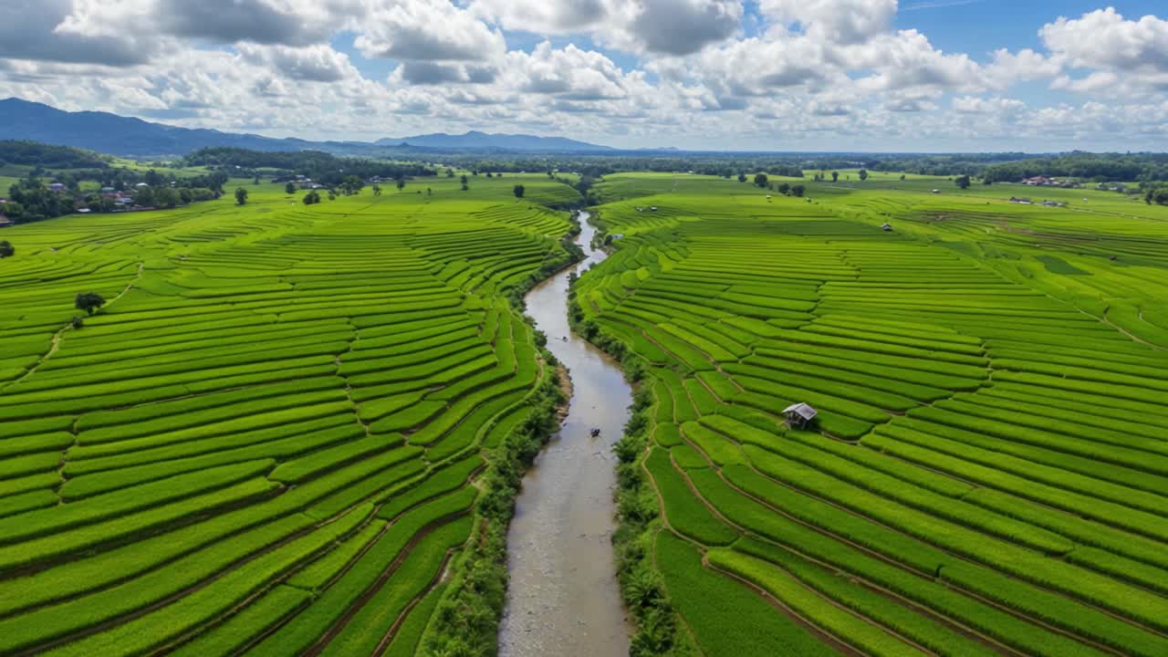 Stunning Aerial View of Lush Green Rice Terraces Surrounded by Waterway and Scenic Hills under a Bright Blue Sky with Fluffy Clouds