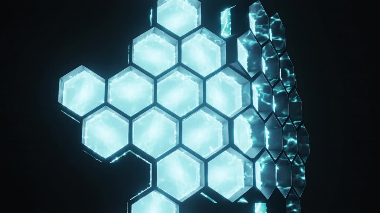 Brightening hex cluster in dark void after partial frame, cyan watery cells pulsing edges extruding