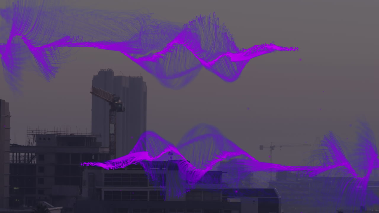 Animation of purple wave over cityscape