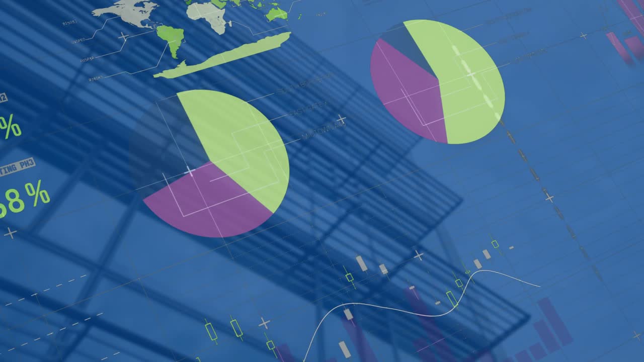 animación del procesamiento de datos estadísticos frente a una vista de ángulo bajo de un edificio alto