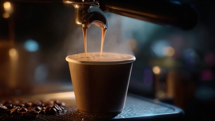 Primo Piano di Caffè Appena Preparato che si Versa in una Tazza di Carta Marrone da una Macchina da Caffè Espresso, Catturando il Vapore e la Ricca Consistenza Liquida nel Processo