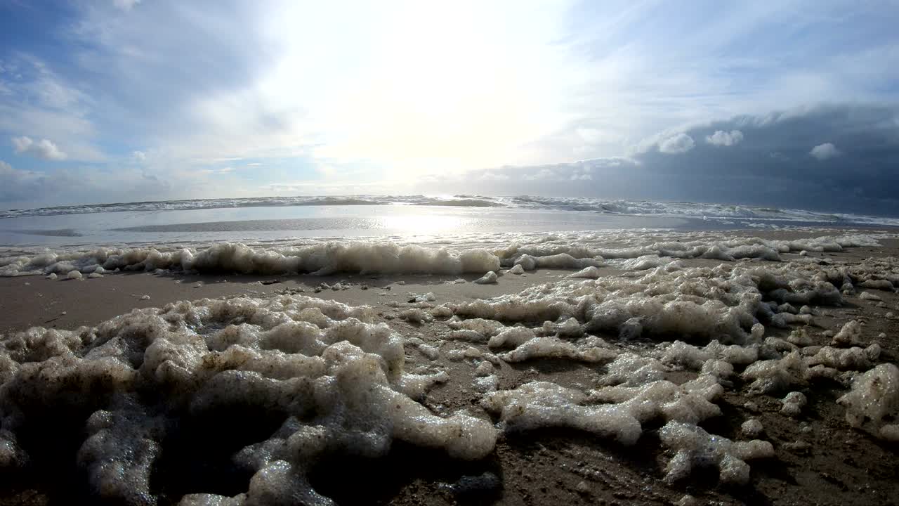 espuma de algas en tormenta en la playa, playa de arena con olas, mar del norte, jutlandia, sondervig, dinamarca, 4k