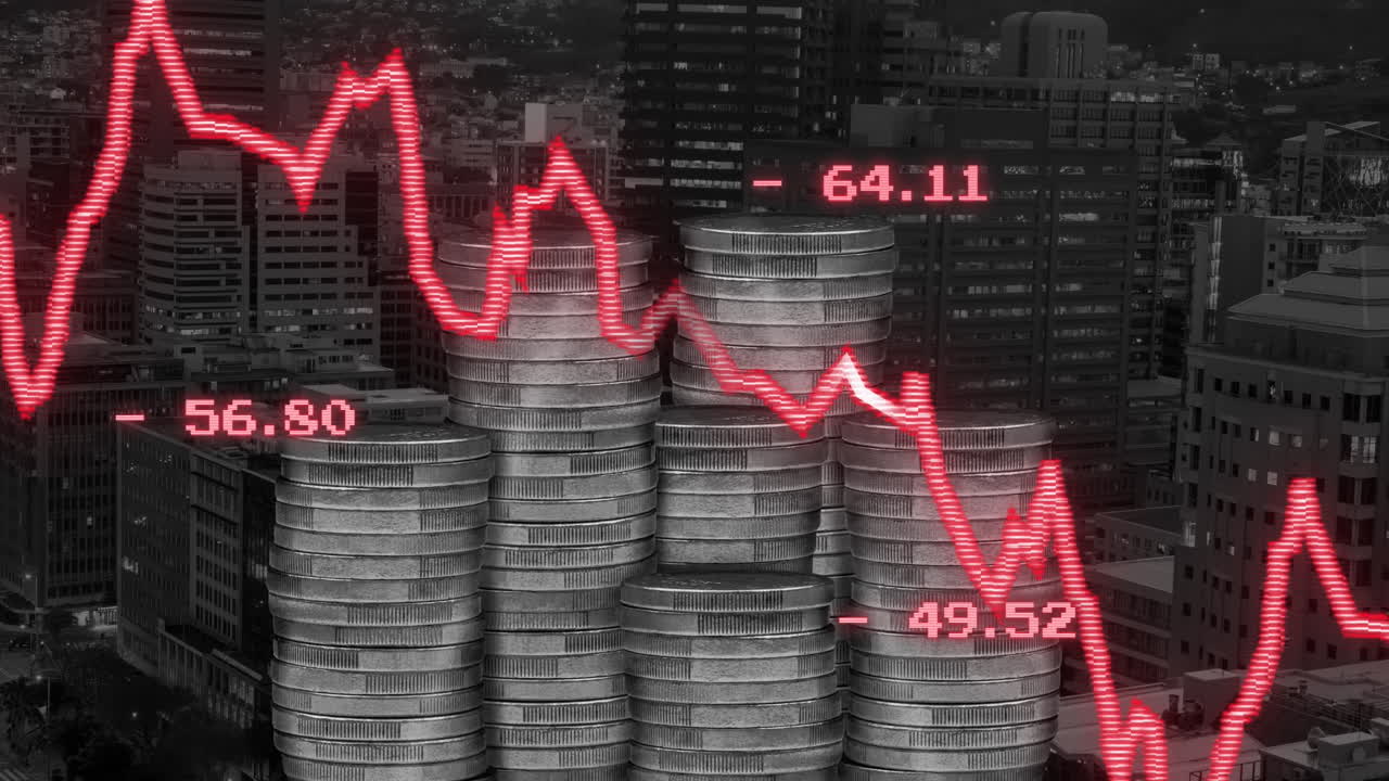 Animace zpracování finančních dat nad hromadami mincí