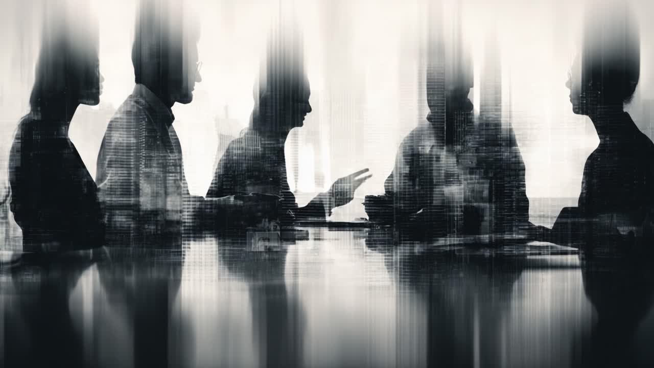 A Dynamic Discussion: Engaged Individuals Collaborating in a Meeting Room, Captured in Silhouette During a Focused Brainstorming Session