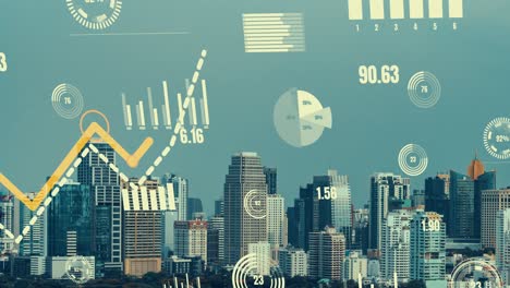 business data analytic interface fly over smart city showing alteration future