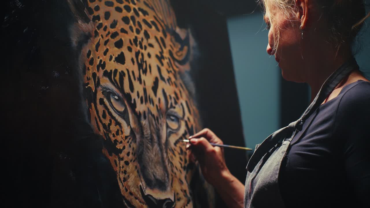 Woman Painting a Leopard Portrait in Studio