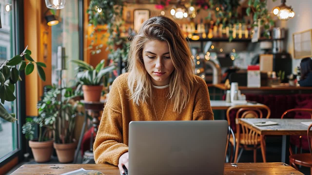 Una giovane donna che lavora al portatile in un caffè accogliente
