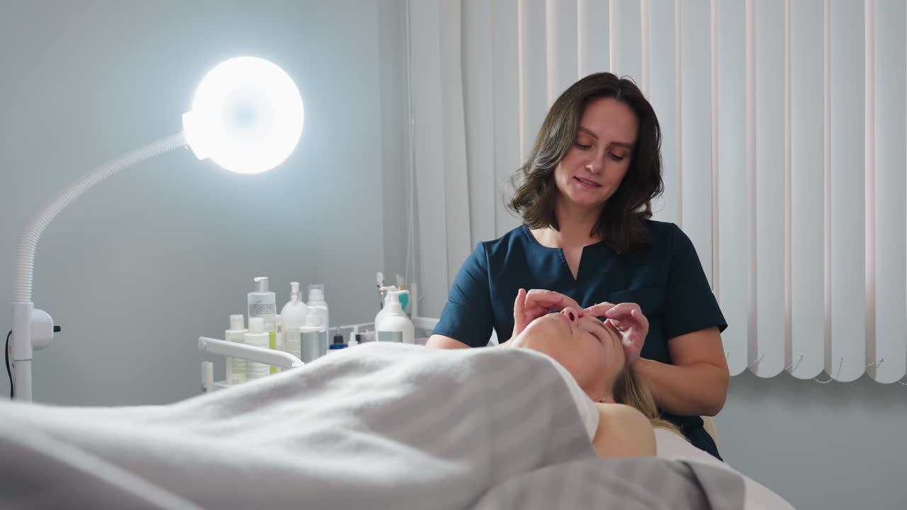 Skin therapist at station smiling while performing gentle fingertip facial detox on relaxed client lying under blanket beside ring light and skin care tools on trolley in bright treatment room