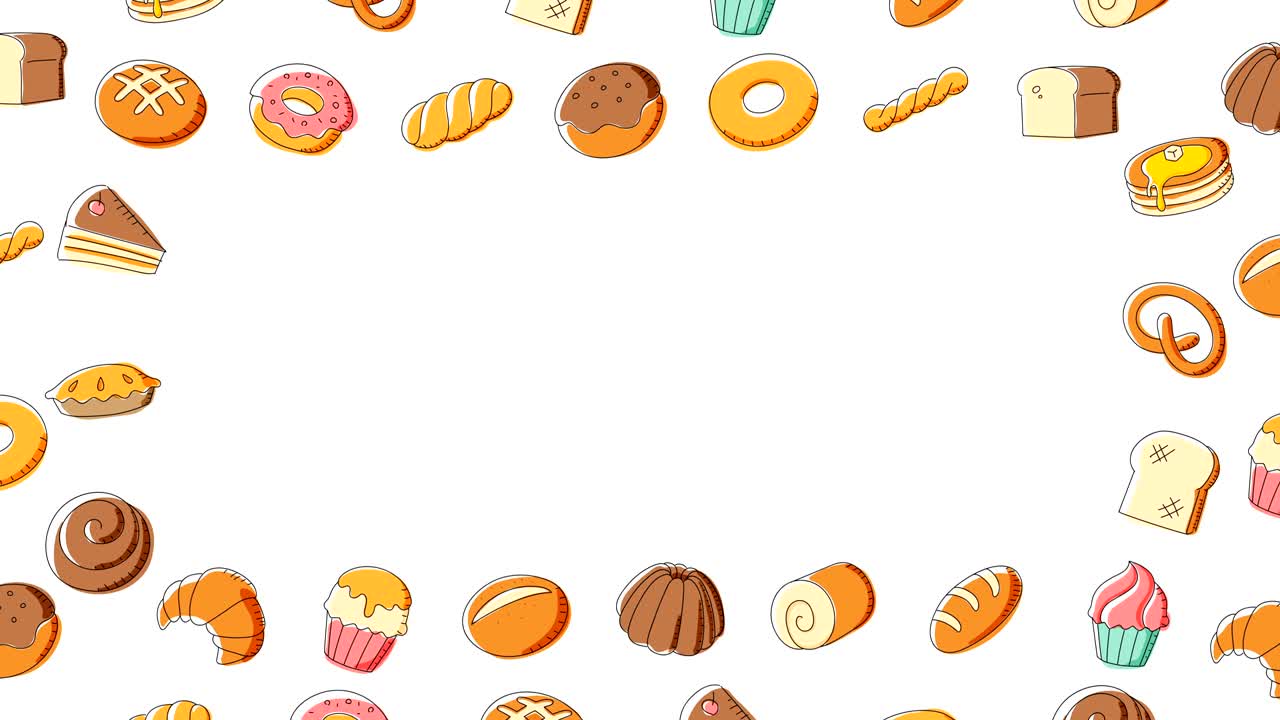panadería en movimiento patrón de marco de remolino fondo dibujos animados ilustración de dibujo a mano aislado en fondo blanco animación de bucle sin costuras 4k, con espacio de copia central
