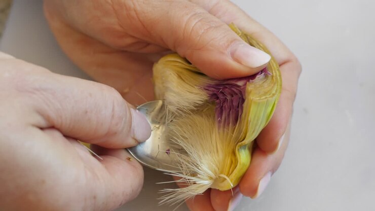 Woman cleaning heart of artichokes with spoon. Cooking process at the kitchen. Ready to prepare