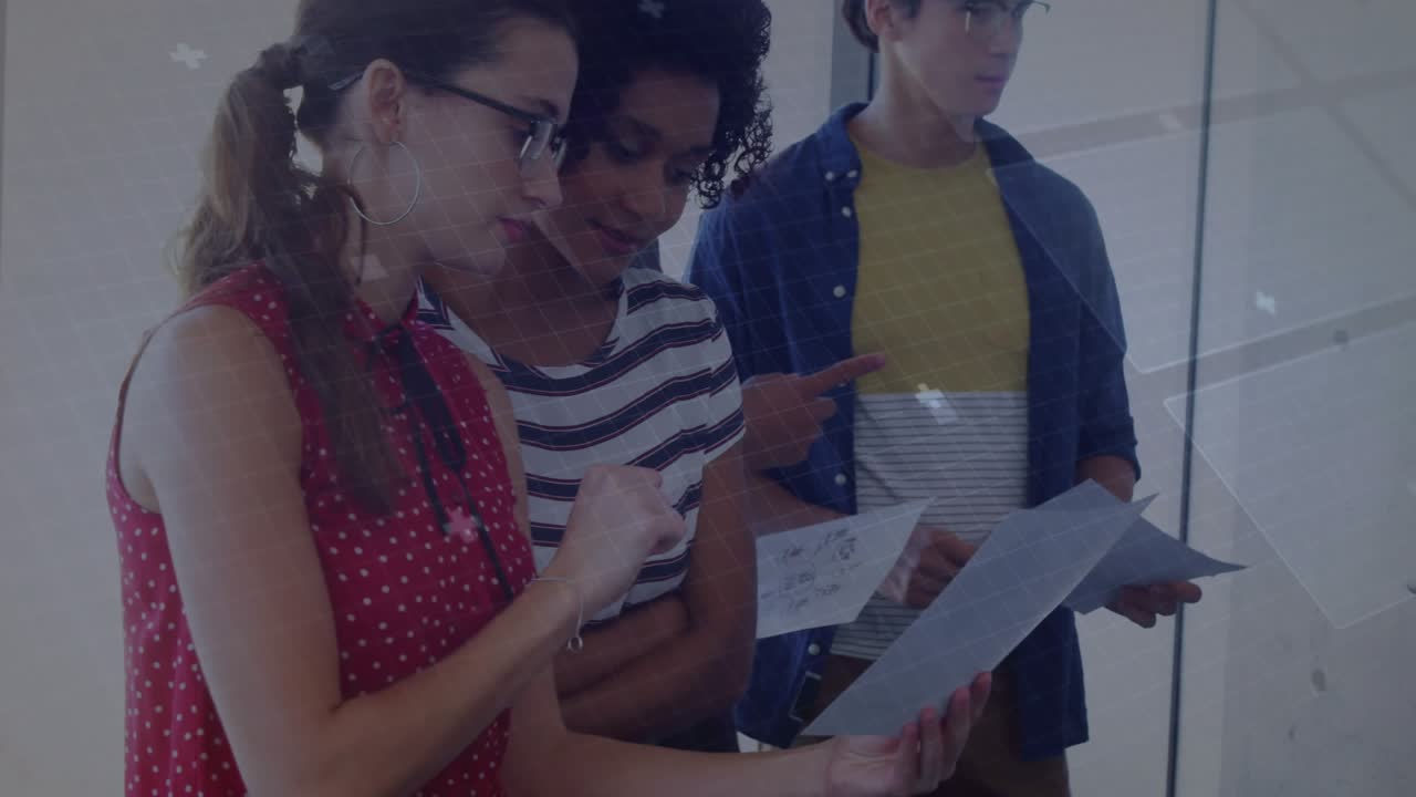 Woman right tapping device starting circuit overlay as group pointing turning pages for tech review