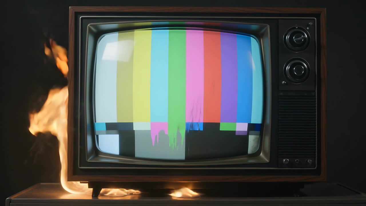 Gnister i nederste venstre hjørne, et brændende CRT TV-kabinet på et stativ, med udtværede farvebjælker og drejeknapper.
