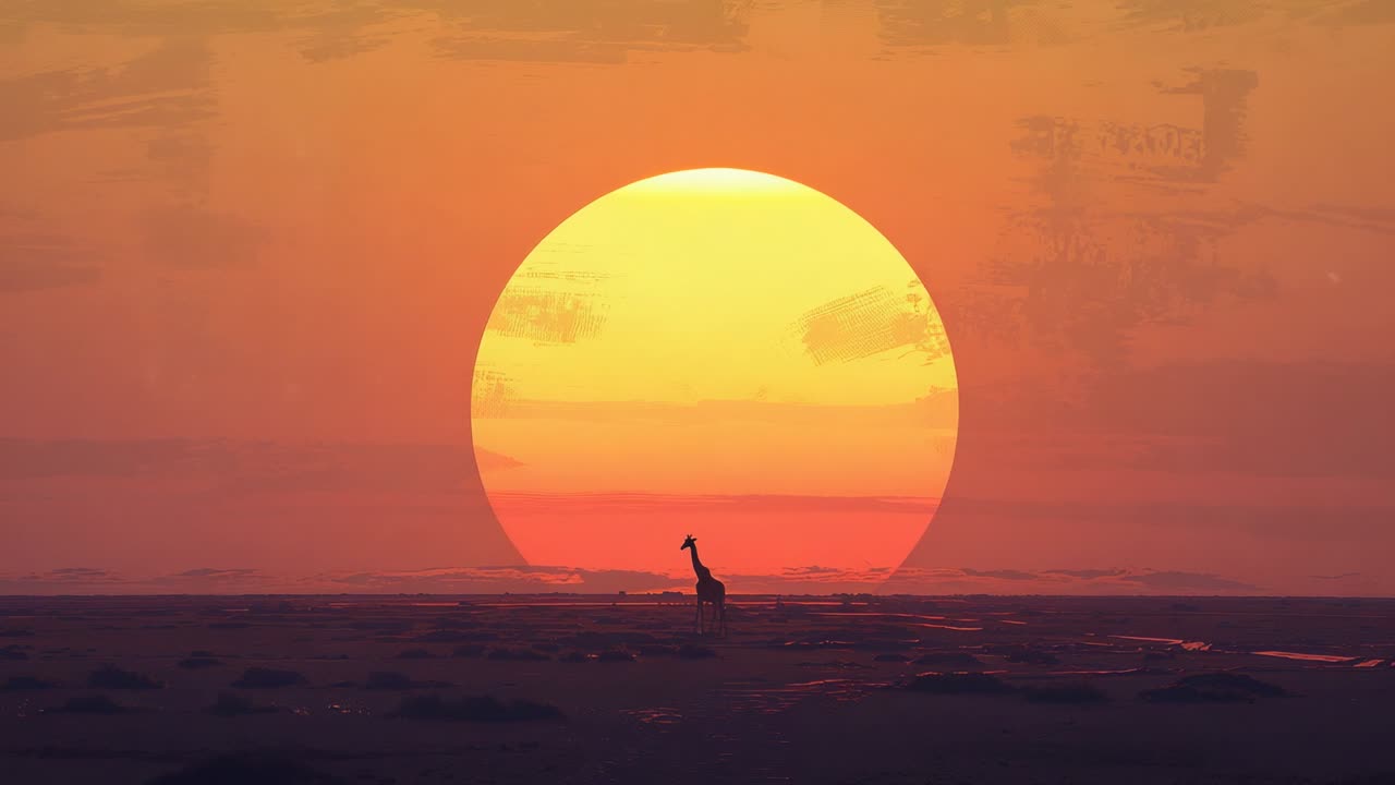 Sequence opening showing giraffe silhouette standing on dusk savanna, with giant sun glowing