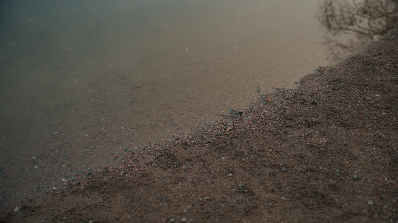 Calm water at the edge of a lake and is coming calmly into the small sand beach
