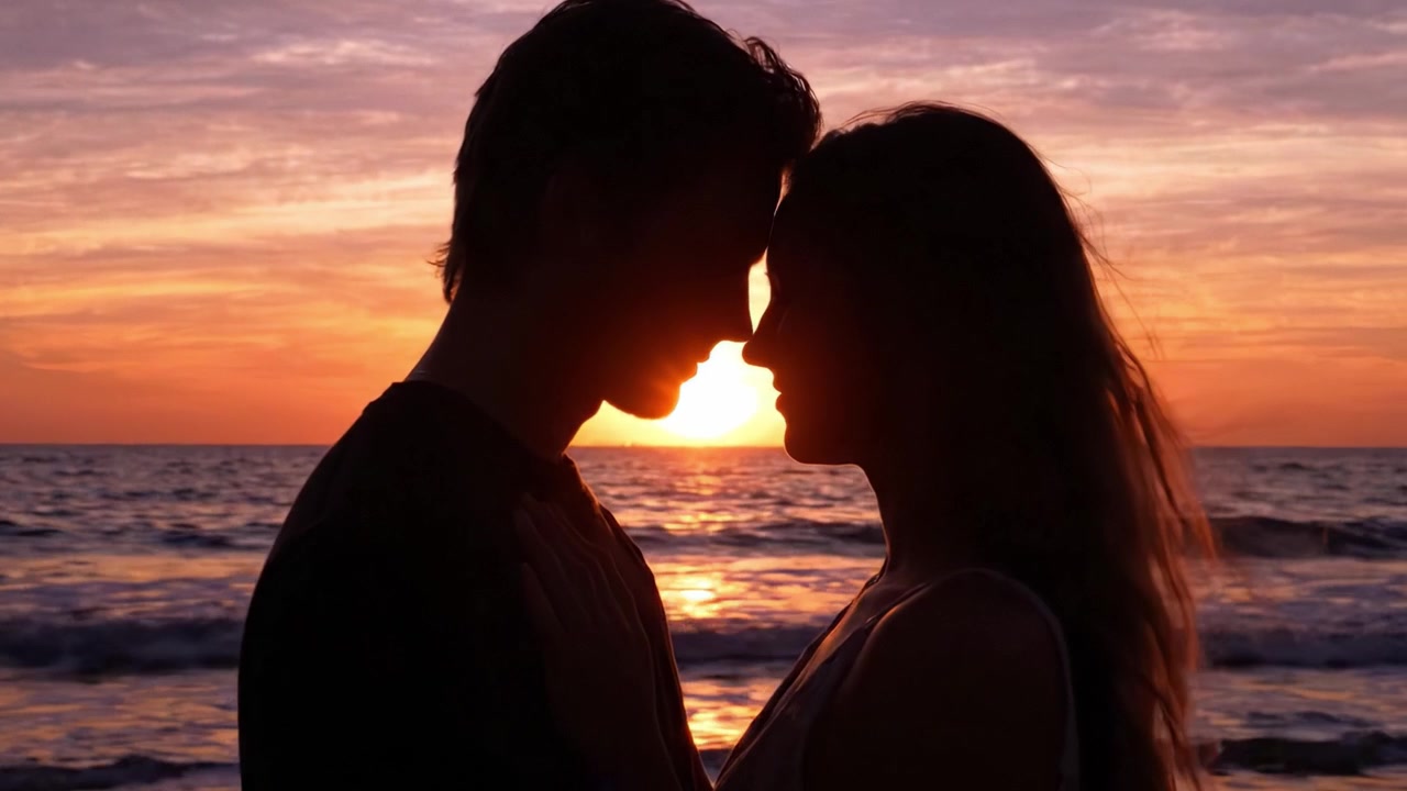 Silhouette romantica di una coppia che si abbraccia al tramonto sulla spiaggia, catturando un momento d'amore contro un vibrante orizzonte oceanico.
