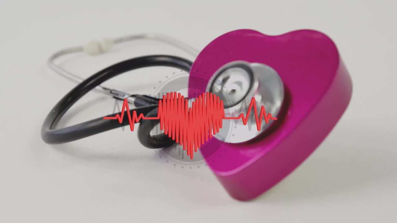 백색 표면에 스테토스코프 위에 떠있는 심장 박동과 함께 심장의 애니메이션