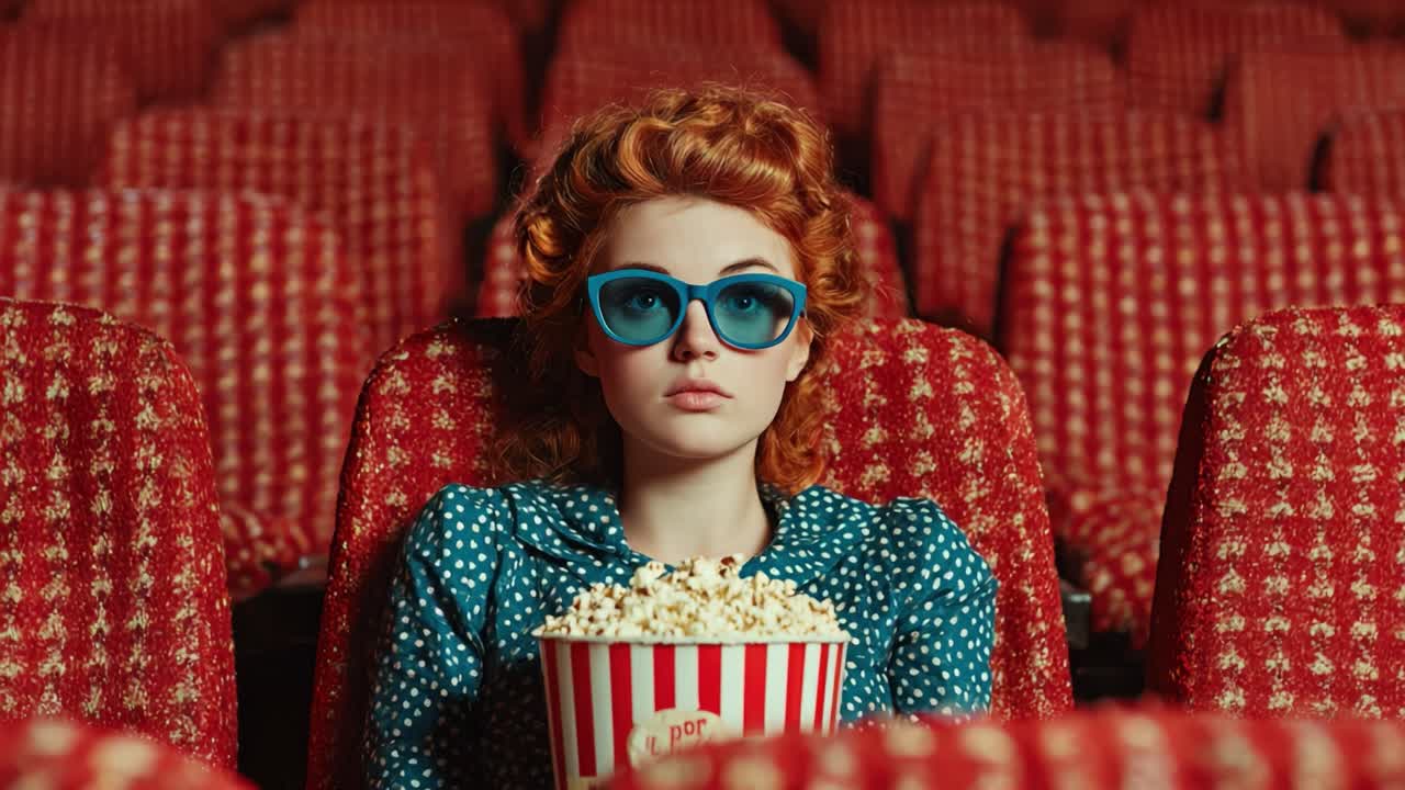 En fængslende scene i en vintage biograf med en ung kvinde med stilfulde solbriller og en spand popcorn. Den indfanger perfekt essensen af biografnostalgi.