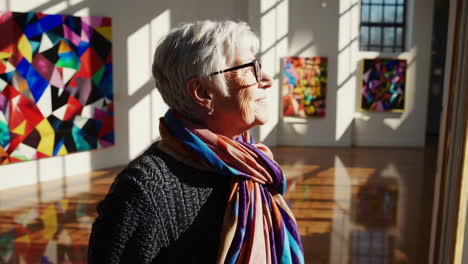 senior woman admiring abstract art in a gallery